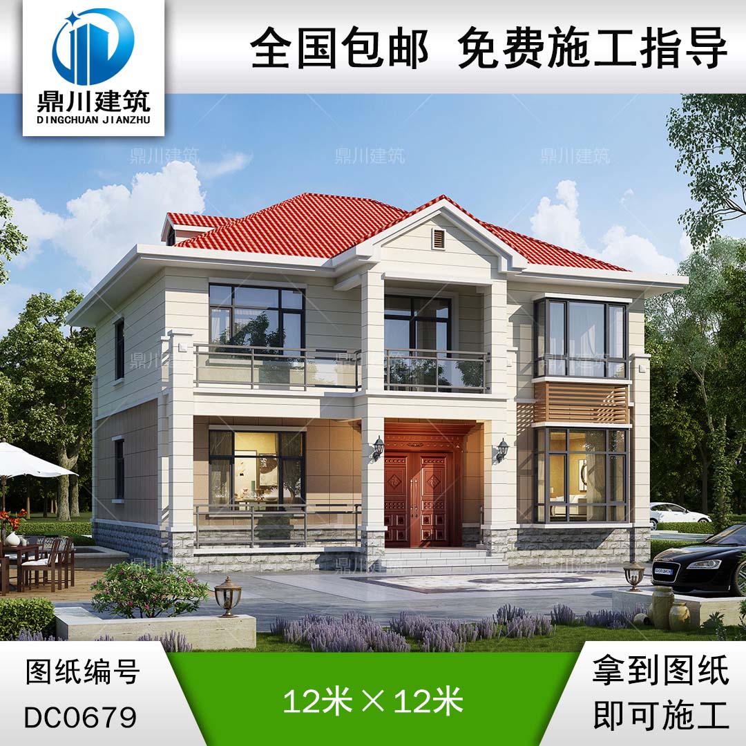 二層簡歐帶露臺小別墅施工圖紙及效果圖_農村二層實用自建房設計,鼎川建筑