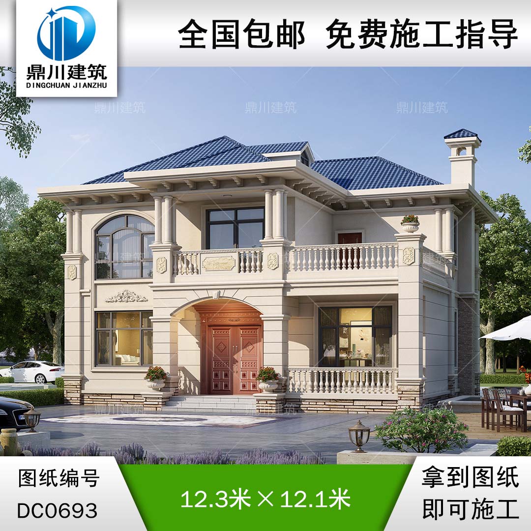 新農村二層帶露臺簡歐小別墅效果圖及施工圖紙_鄉村兩層自建房設計,鼎川建筑