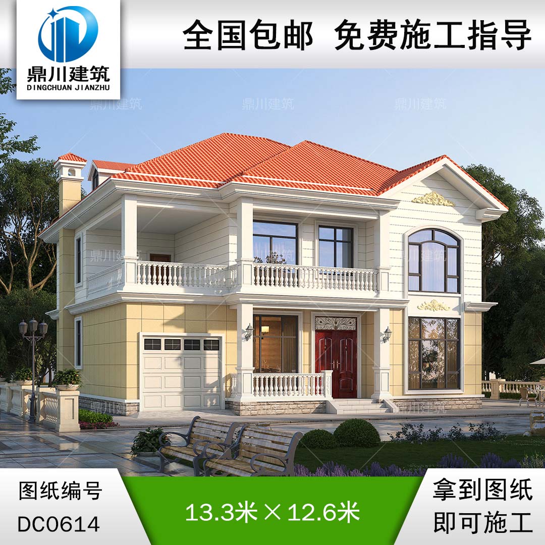 新農村二層帶車庫別墅效果圖及施工圖_農村房屋設計圖紙,鼎川建筑