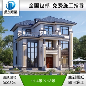 新中式三層挑空客廳別墅施工圖紙及效果圖_農村復式別墅設計,鼎川建筑