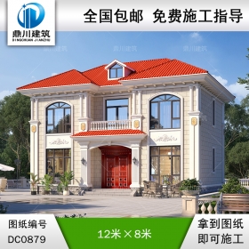 歐式二層帶露臺小別墅外觀效果圖及施工圖紙_農村自建房設計,鼎川建筑