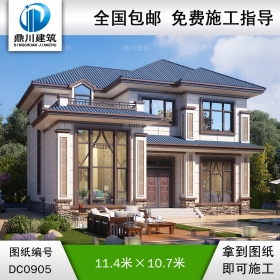 新中式二層帶露臺別墅效果圖及施工圖紙_農村自建房設計,鼎川建筑