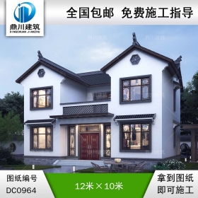 二層中式帶露臺別墅施工圖紙及效果圖_農村自建房設計,鼎川建筑