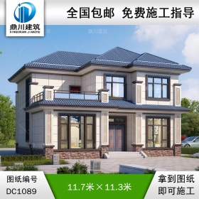 新中式二層帶露臺別墅圖紙及效果圖_農村自建別墅設計,鼎川建筑