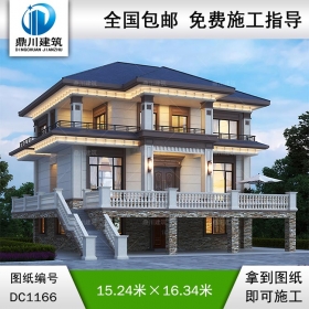 新中式二層帶架空層別墅圖紙及效果圖_新農村自建別墅設計,鼎川建筑