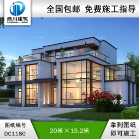 現代三層平屋頂別墅施工圖紙及效果圖_新農村自建別墅設計,鼎川建筑