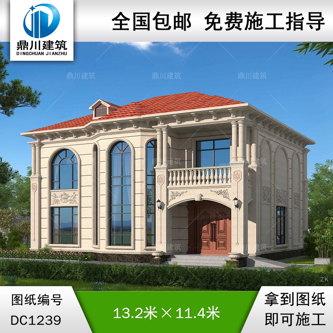 歐式二層復式別墅施工圖紙及效果圖_農村自建別墅設計,鼎川建筑