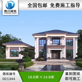 新中式二層帶附屬房別墅施工圖紙及效果圖_農村自建別墅設計,鼎川建筑