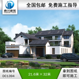 中式三層帶大門圍墻別墅效果圖及施工圖紙_農村自建別墅設計,鼎川建筑